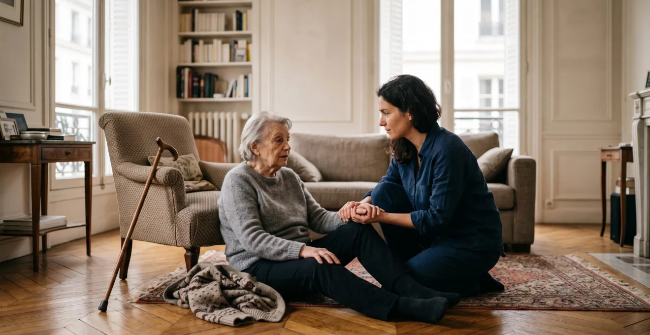 Un aidant agenouillé rassure avec douceur une personne âgée assise au sol dans un appartement français lumineux, juste après une chute