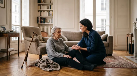 Un aidant agenouillé rassure avec douceur une personne âgée assise au sol dans un appartement français lumineux, juste après une chute