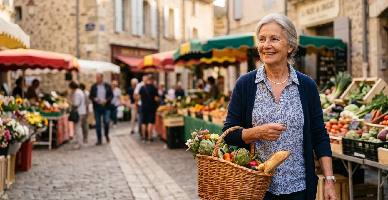 Une personne âgée souriante et active dans un jardin ou un marché français, symbole d'un vieillissement en bonne santé