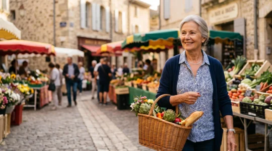 Une personne âgée souriante et active dans un jardin ou un marché français, symbole d'un vieillissement en bonne santé