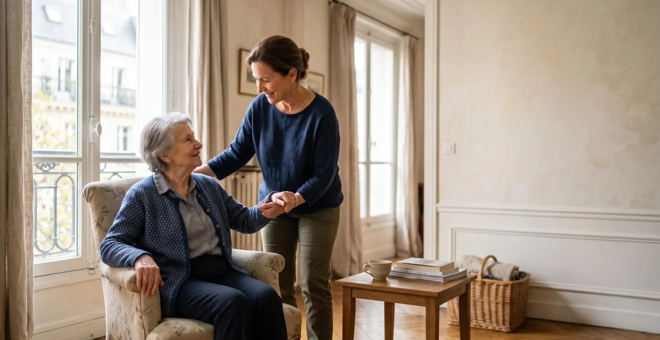 Aidant familial organisant sereinement le quotidien d'un proche âgé dépendant dans un appartement français lumineux