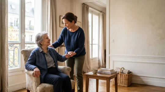 Aidant familial organisant sereinement le quotidien d'un proche âgé dépendant dans un appartement français lumineux