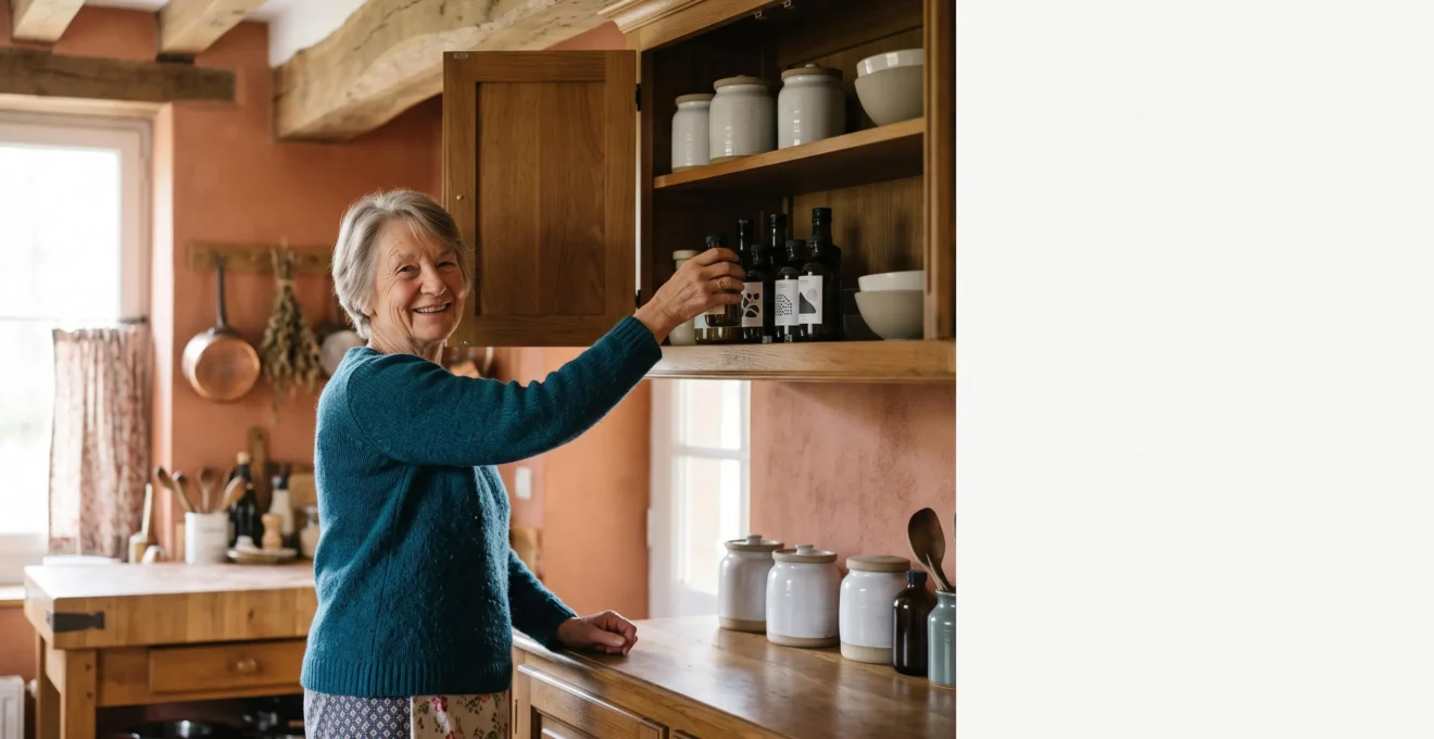 Senior souriant attrapant un objet dans un placard de cuisine à hauteur d'épaule, dans un intérieur français lumineux