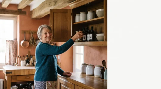 Senior souriant attrapant un objet dans un placard de cuisine à hauteur d'épaule, dans un intérieur français lumineux