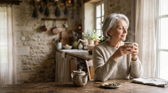 Une personne âgée savourant une tasse de thé vert dans une cuisine lumineuse en France