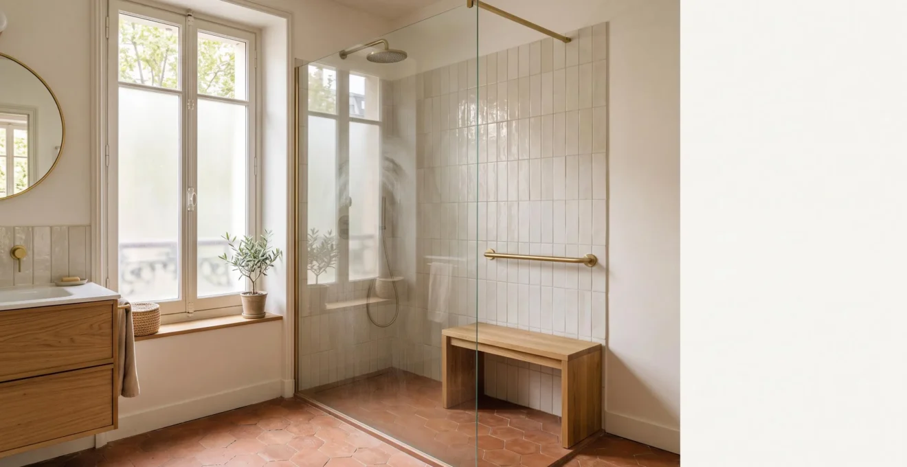 Salle de bains moderne et epuree amenagee en toute securite pour une personne agee, avec douche de plain-pied baignee de lumiere naturelle