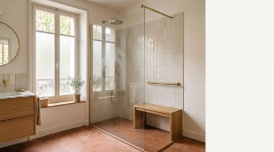 Salle de bains moderne et epuree amenagee en toute securite pour une personne agee, avec douche de plain-pied baignee de lumiere naturelle