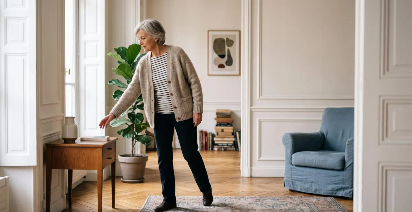 Senior se déplaçant aisément dans un salon français réaménagé pour l'autonomie, avec circulation dégagée et fauteuil accessible