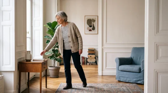 Senior se déplaçant aisément dans un salon français réaménagé pour l'autonomie, avec circulation dégagée et fauteuil accessible