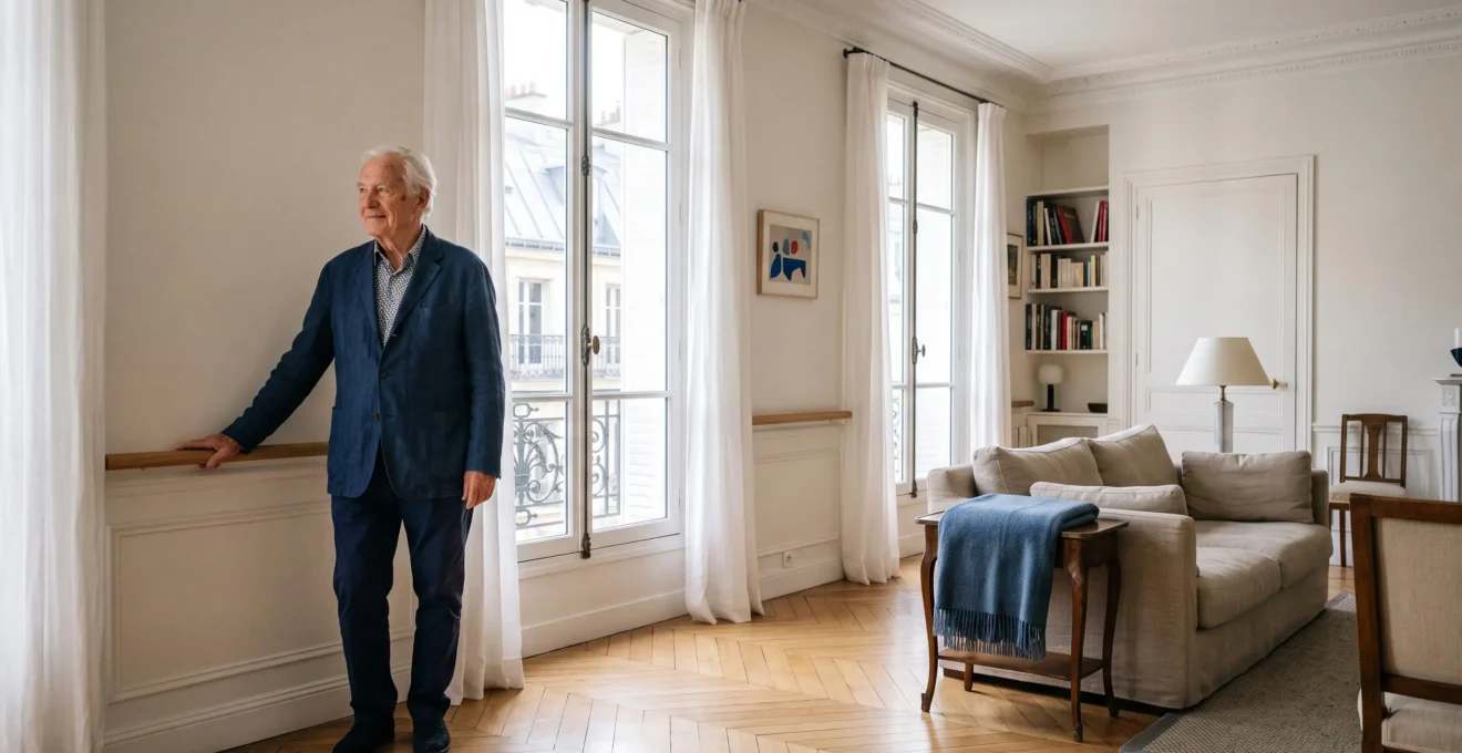 Un senior serein dans son salon lumineux et sécurisé, symbole d'un domicile adapté pour bien vieillir chez soi