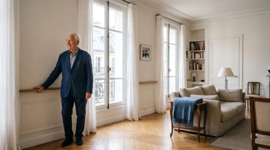 Un senior serein dans son salon lumineux et sécurisé, symbole d'un domicile adapté pour bien vieillir chez soi