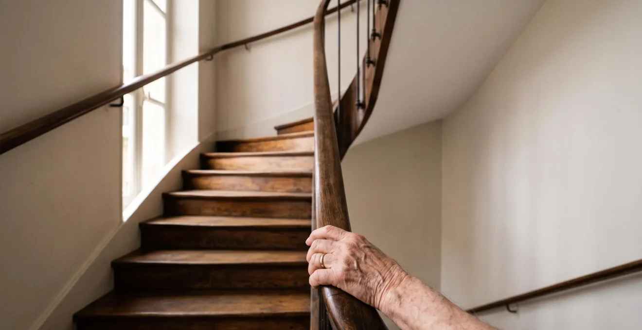 Escalier intérieur d'une maison française équipé d'une main courante continue et bien éclairé, symbole de sécurité pour les seniors