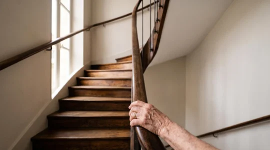Escalier intérieur d'une maison française équipé d'une main courante continue et bien éclairé, symbole de sécurité pour les seniors