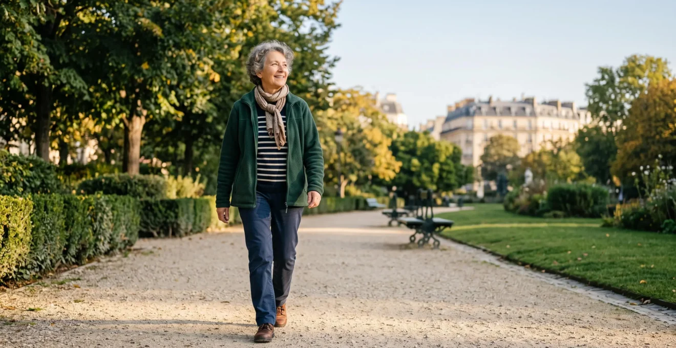 Une personne âgée active marchant sereinement dans un parc urbain français au lever du jour