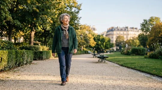 Une personne âgée active marchant sereinement dans un parc urbain français au lever du jour