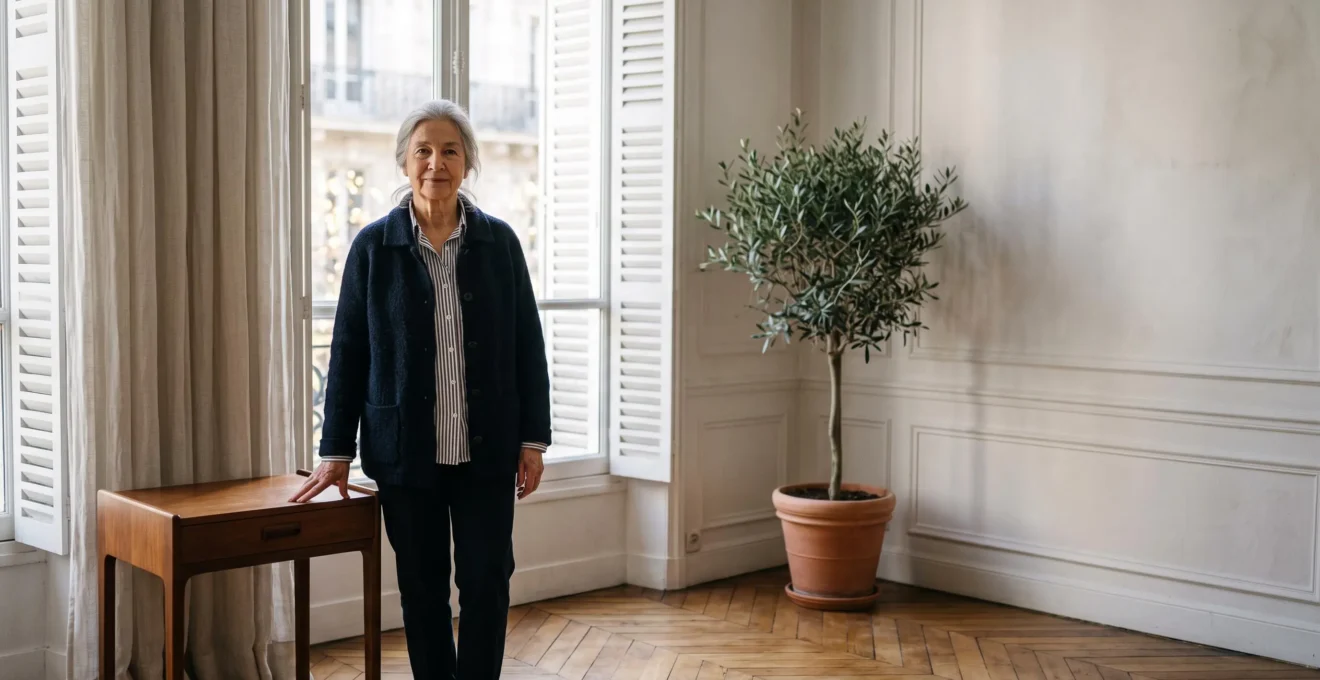 Une personne âgée souriante et autonome dans un salon lumineux et épuré, typique d'un appartement français adapté à son âge