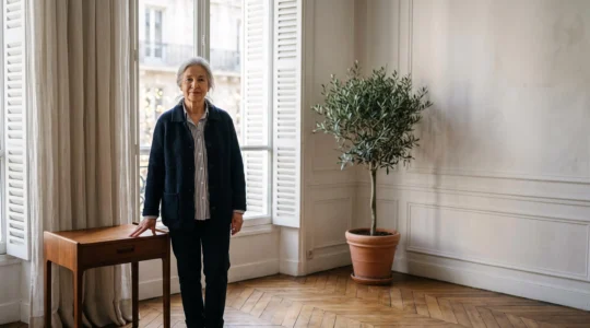 Une personne âgée souriante et autonome dans un salon lumineux et épuré, typique d'un appartement français adapté à son âge