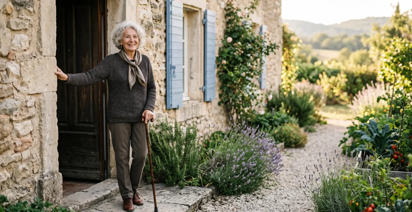 Personne âgée autonome souriante dans son jardin en France, entourée de verdure, incarnant le bien vieillir chez soi