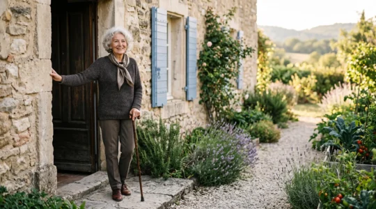 Personne âgée autonome souriante dans son jardin en France, entourée de verdure, incarnant le bien vieillir chez soi