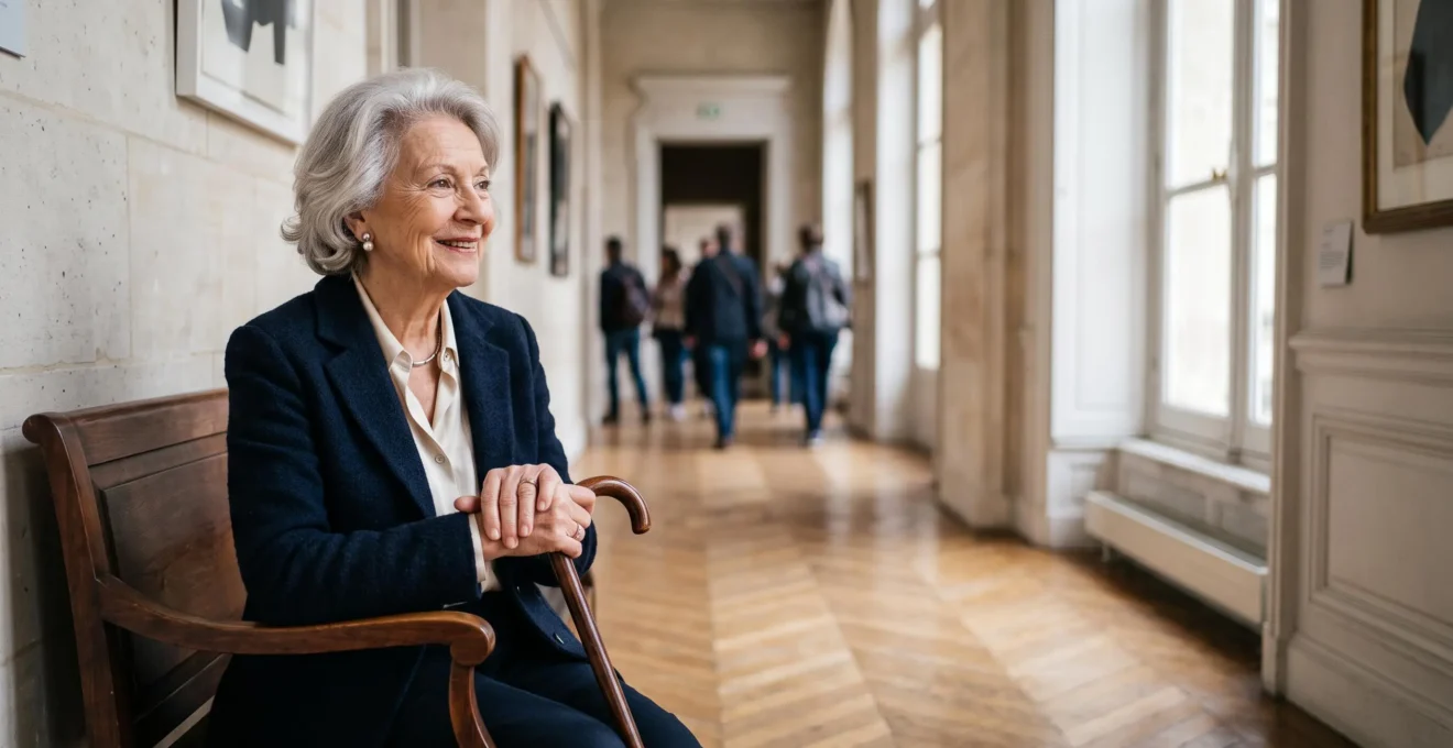 Personne âgée de 85 ans savourant un moment culturel stimulant dans un cadre lumineux et chaleureux typiquement français