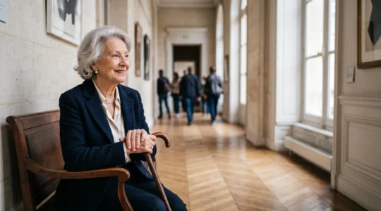 Personne âgée de 85 ans savourant un moment culturel stimulant dans un cadre lumineux et chaleureux typiquement français