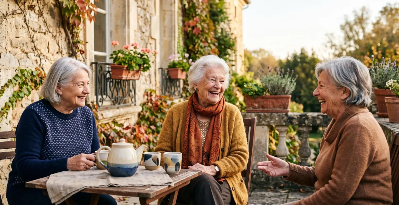 Personne âgée souriante entourée d'autres résidents sur la terrasse ensoleillée d'un EHPAD français