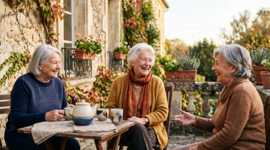 Personne âgée souriante entourée d'autres résidents sur la terrasse ensoleillée d'un EHPAD français