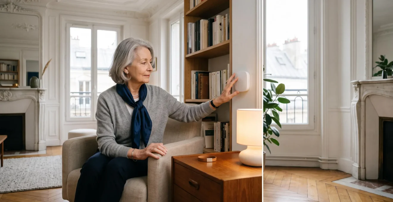 Une personne âgée dans son salon lumineux à la française, entourée d'objets connectés discrets, dans une ambiance sereine et non intrusive.