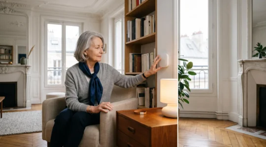Une personne âgée dans son salon lumineux à la française, entourée d'objets connectés discrets, dans une ambiance sereine et non intrusive.