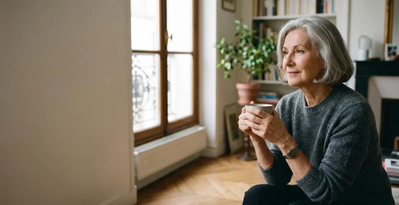 Personne agee francaise de plus de 75 ans chez elle, sereine, entouree discretement de solutions connectees pour son autonomie