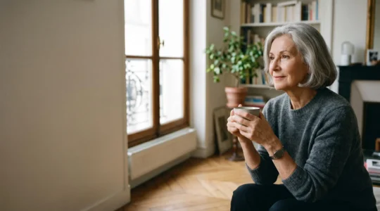 Personne agee francaise de plus de 75 ans chez elle, sereine, entouree discretement de solutions connectees pour son autonomie