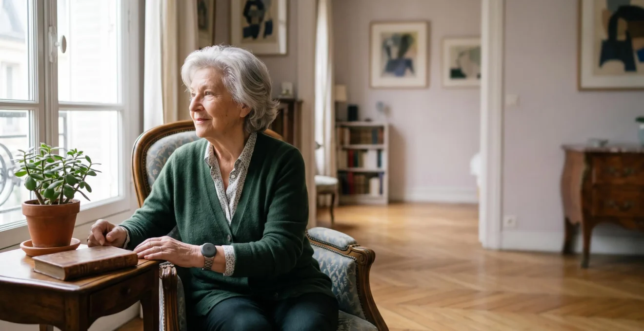 Personne âgée souriante dans son salon lumineux, portant un dispositif de détection de chute discret au poignet, dans un intérieur français typique