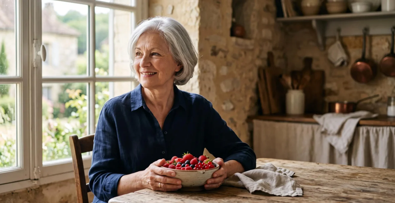 Personne âgée savourant une coupelle de fruits rouges frais dans une cuisine française baignée de lumière naturelle
