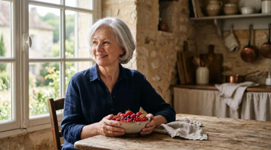 Personne âgée savourant une coupelle de fruits rouges frais dans une cuisine française baignée de lumière naturelle
