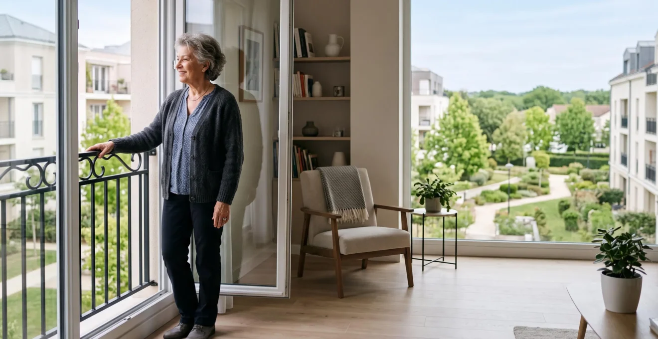 Personne âgée souriante et autonome dans le salon lumineux d'une résidence seniors en France