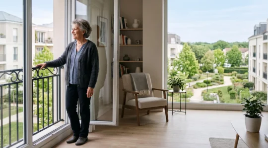 Personne âgée souriante et autonome dans le salon lumineux d'une résidence seniors en France