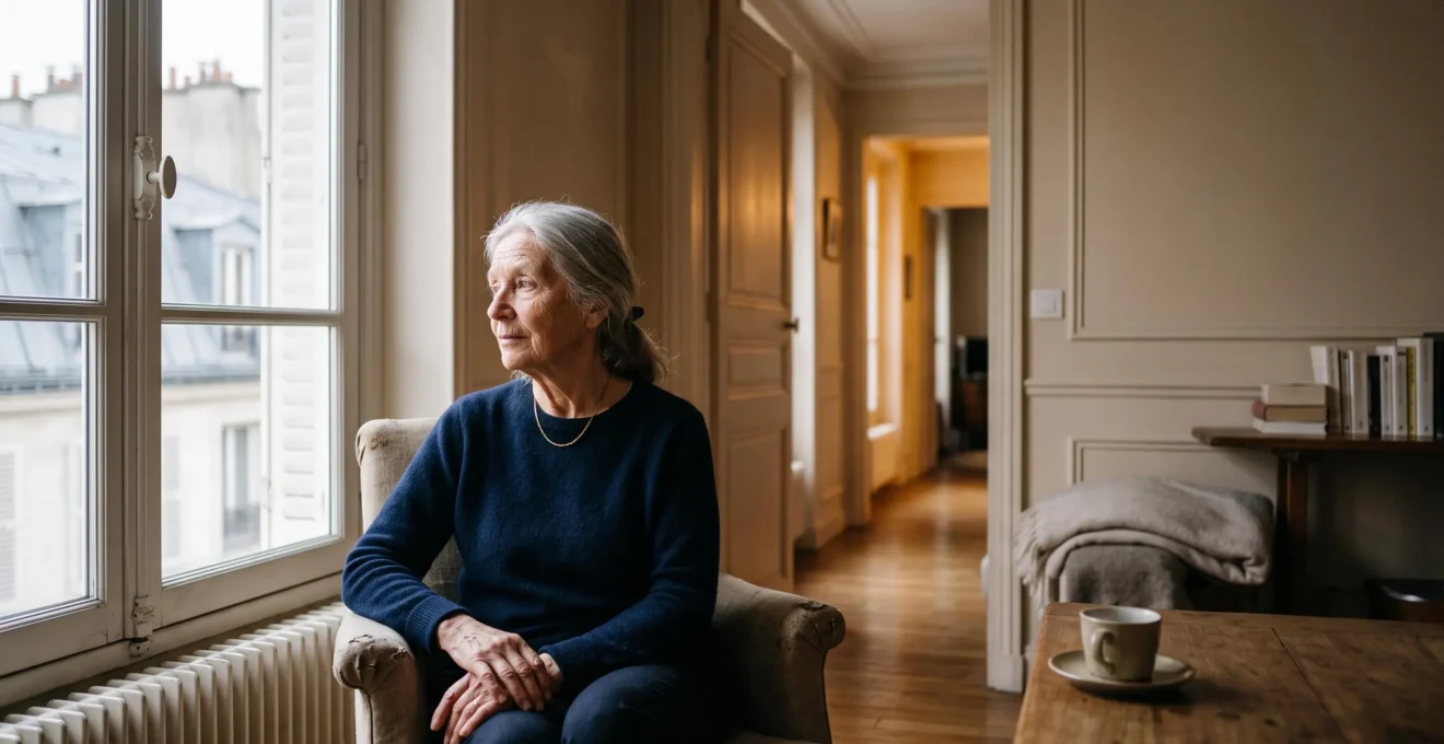 Une personne âgée assise près d'une fenêtre baignée de lumière naturelle, dans un appartement français, incarnant la solitude mais aussi l'espoir d'un lien social retrouvé.