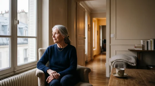 Une personne âgée assise près d'une fenêtre baignée de lumière naturelle, dans un appartement français, incarnant la solitude mais aussi l'espoir d'un lien social retrouvé.