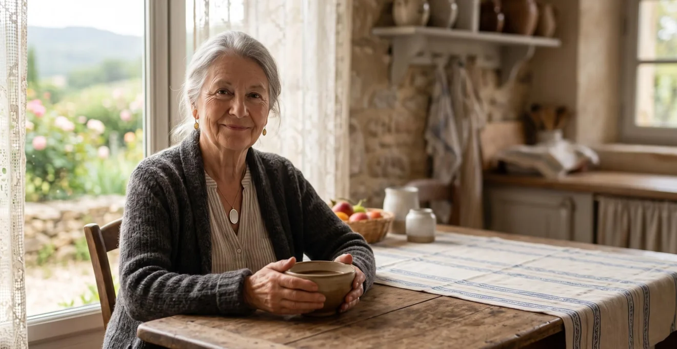 Une personne agee souriante assise dans sa cuisine lumineuse, portant un pendentif de teleassistance autour du cou lors de son petit-dejeuner