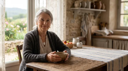 Une personne agee souriante assise dans sa cuisine lumineuse, portant un pendentif de teleassistance autour du cou lors de son petit-dejeuner