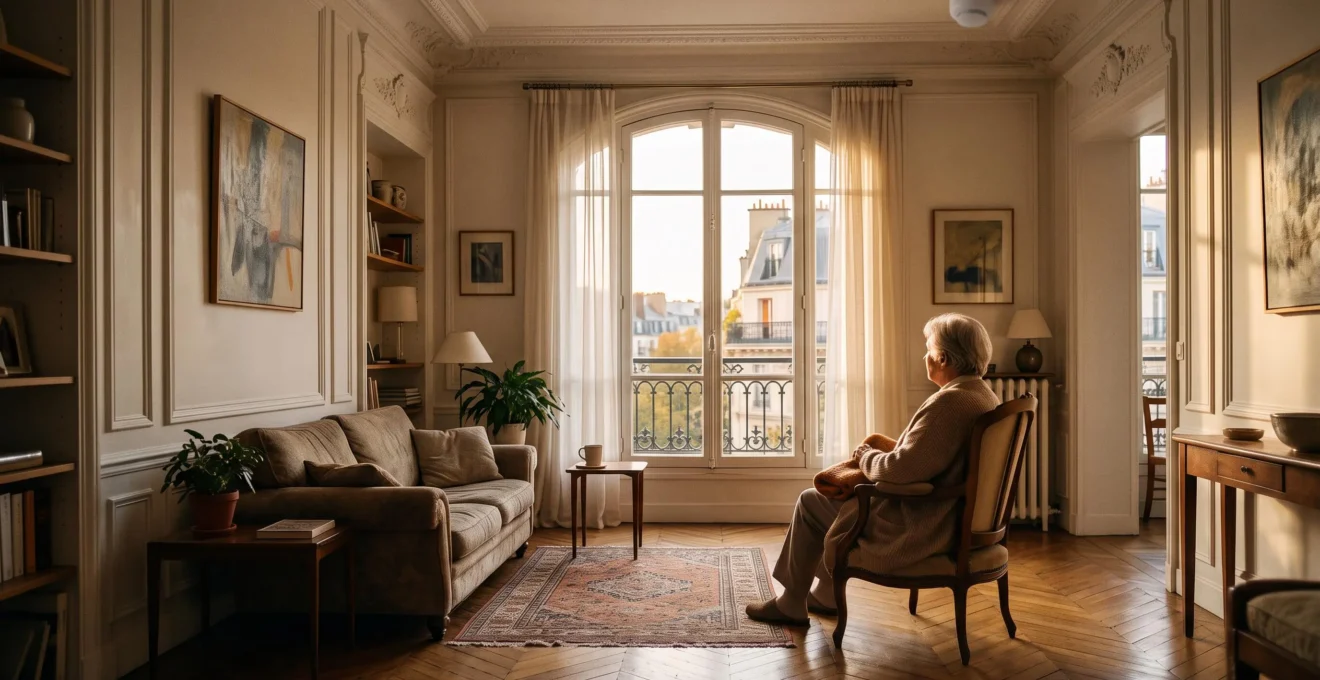 Intérieur chaleureux d'un appartement français où un senior est protégé par un dispositif de sécurité incendie discret au plafond