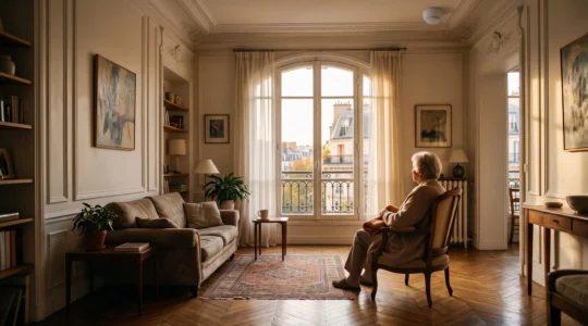 Intérieur chaleureux d'un appartement français où un senior est protégé par un dispositif de sécurité incendie discret au plafond