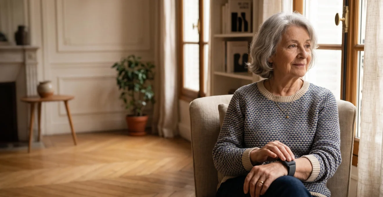 Personne âgée souriante dans son salon lumineux, portant un dispositif de téléassistance discret au poignet, symbole de sécurité et d'autonomie à domicile