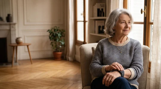 Personne âgée souriante dans son salon lumineux, portant un dispositif de téléassistance discret au poignet, symbole de sécurité et d'autonomie à domicile