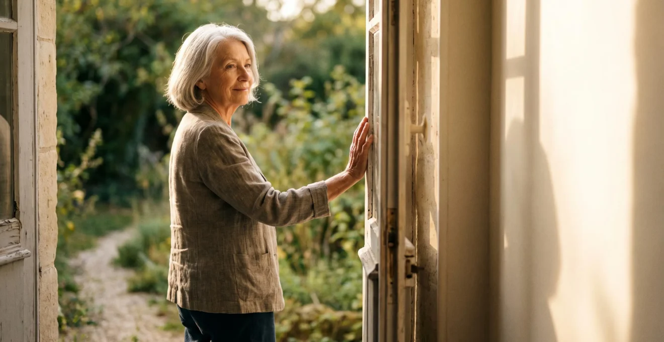 Femme senior française debout au seuil de sa maison, regard serein tourné vers un jardin baigné de lumière dorée, symbolisant l'acceptation du vieillissement