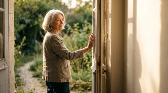 Femme senior française debout au seuil de sa maison, regard serein tourné vers un jardin baigné de lumière dorée, symbolisant l'acceptation du vieillissement
