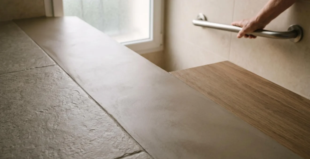 Sol de salle de bains aux textures variées symbolisant le choix d'un revêtement antidérapant adapté aux seniors en France