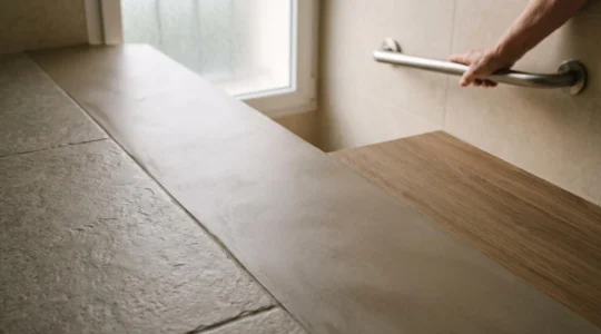 Sol de salle de bains aux textures variées symbolisant le choix d'un revêtement antidérapant adapté aux seniors en France