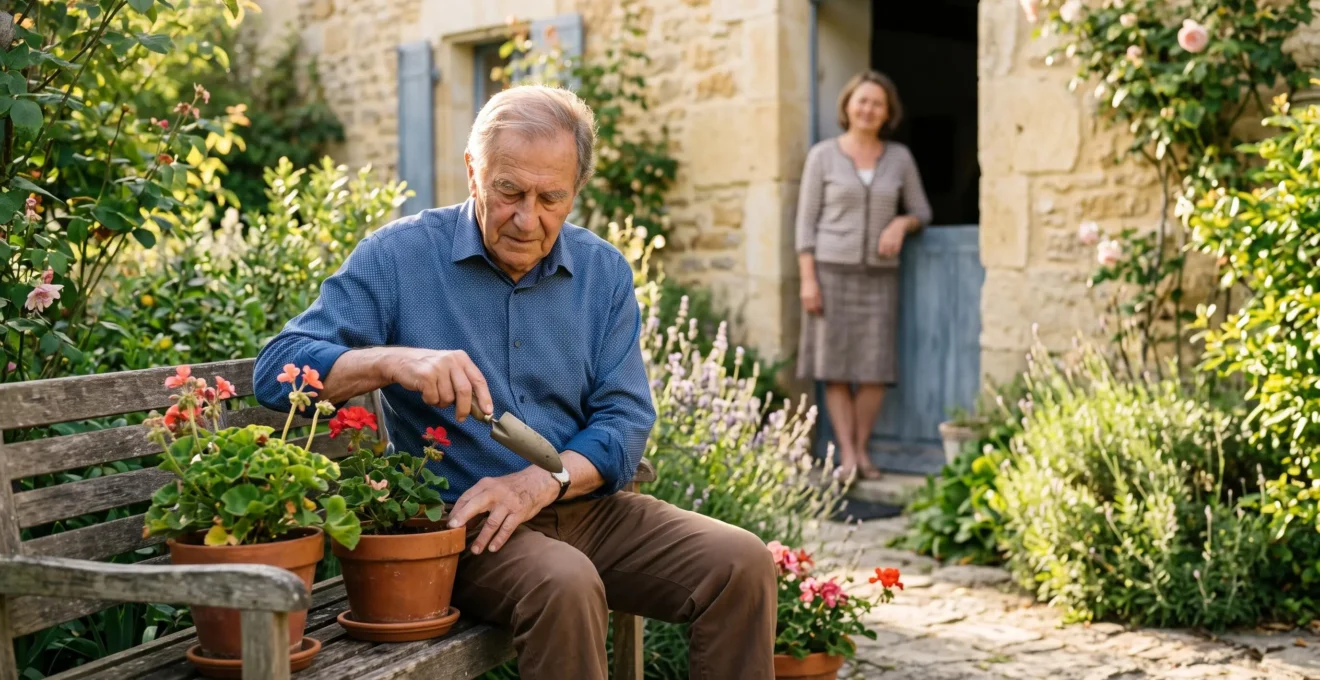Une aidante consulte sereinement une application de téléassistance pendant que son père âgé profite de son jardin en toute autonomie