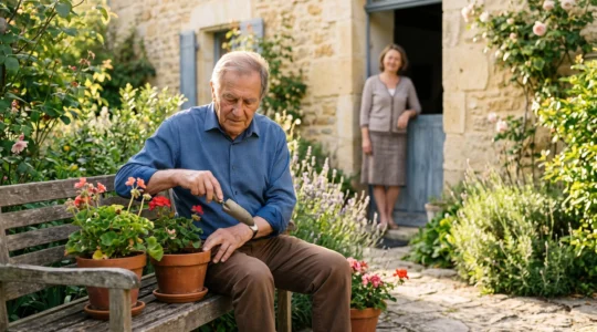 Une aidante consulte sereinement une application de téléassistance pendant que son père âgé profite de son jardin en toute autonomie